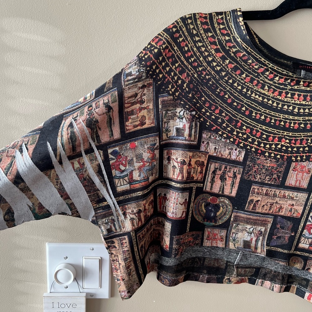Blush Black/Brown/Beige/Mixed Egyptian Theme Artsy Print Knit Cropped Top - Picture 10 of 16